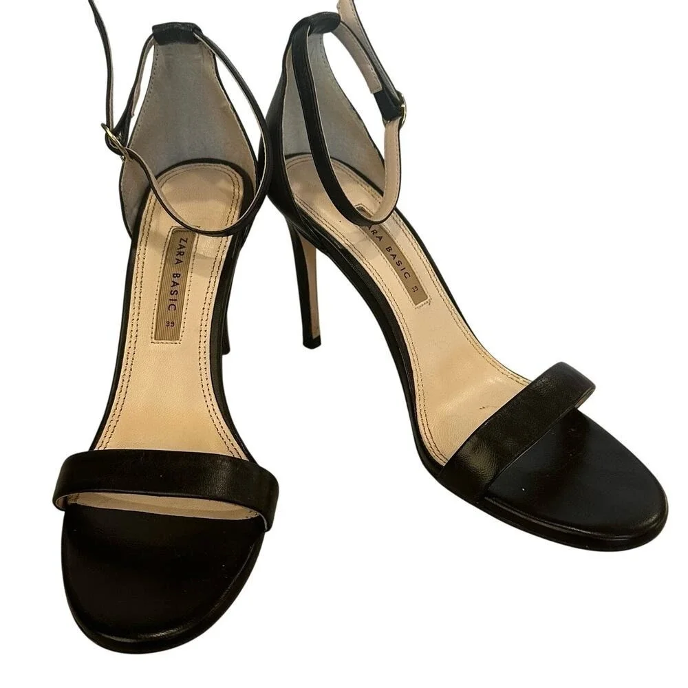 Zara Basic Heeled Sandals Womens 39 Black Good Ankle Strap Stiletto Open Toe